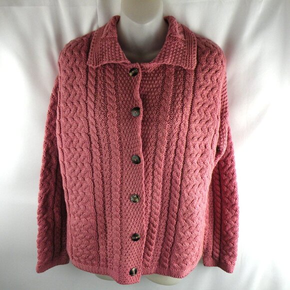 John Molloy Hand knit Wool Fisherman Cardigan Sweater Donegal Ireland PINK L - Picture 1 of 8